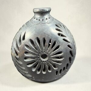 Dona Rosa Oaxaca Mexico Barro Negro Black Clay Cutout Pottery Vase San Bartolo
